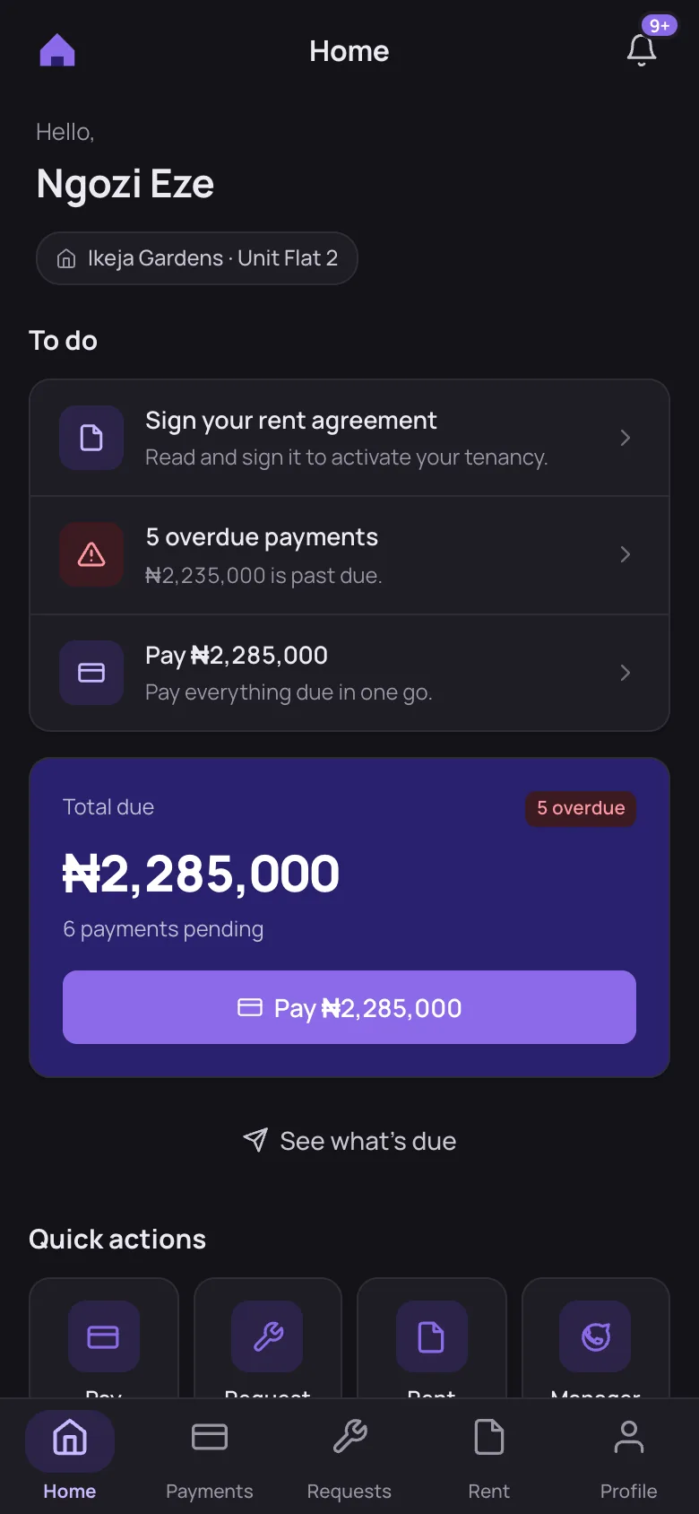 The Noox tenant app home: total due, Pay all and a to-do list