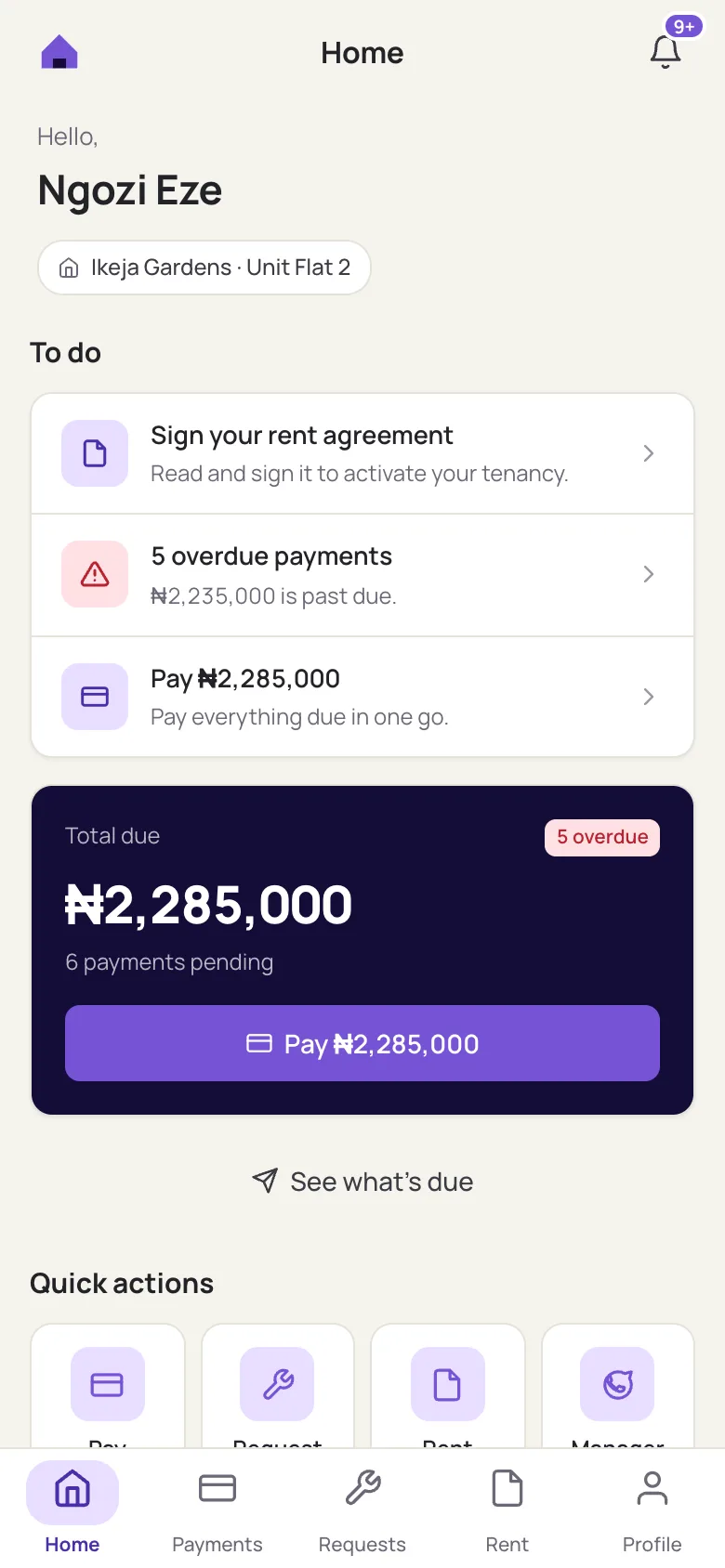 The Noox tenant app home: total due, Pay all and a to-do list